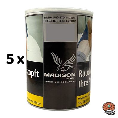 Madison Black/Schwarz 5x 120g Dose Premium Tobacco Zware Drehtabak / Stopftabak