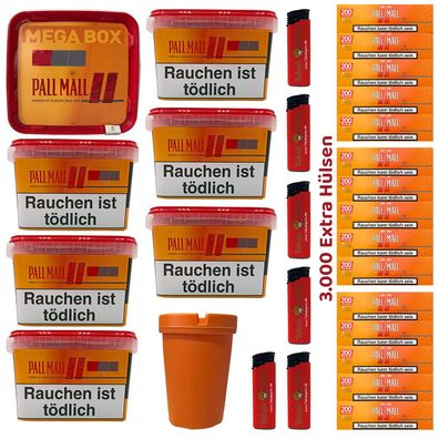 Pall Mall Mega Box Tabak 7x 125g, 3000 Xtra Hülsen, Feuerzeuge, Aschenbecher