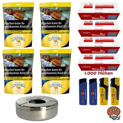 Camel Volumentabak Beutel 4x 96g + Winston Extra Hülsen + Windaschenbecher