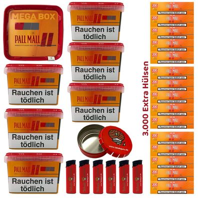 Pall Mall Volumentabak Mega Box 7x 125g, 3000 Hülsen, Feuerzeuge, Ascher