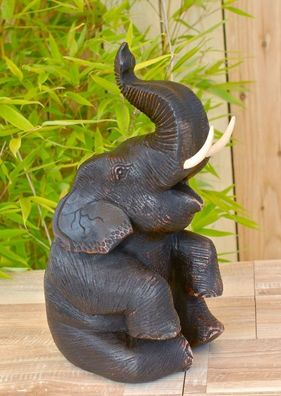 Elefant aus Holz, Figur, Teak, Buddha, Holzelefant, H. 28cm, B.15cm sitzend
