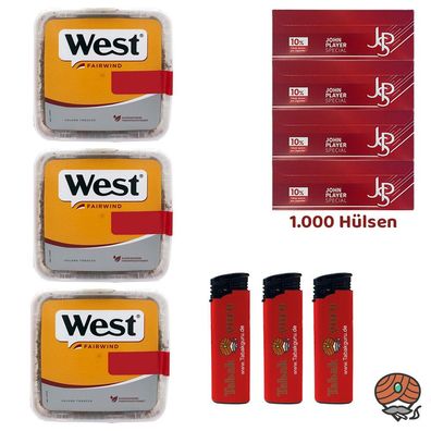 West Yellow Tabak Mega Box 3x 110g, John Player Special Extra Hülsen, Feuerz