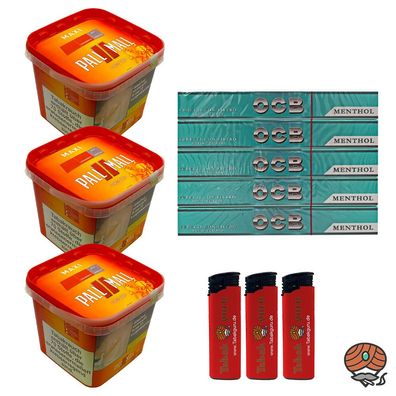 Pall Mall Tabak/Volumentabak Maxi Box 3x 263g, OCB Menth. Hülsen, Feuerzeuge