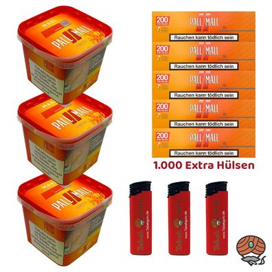 Pall Mall Tabak/Volumentabak Maxi Box 3x 263g, Allround Hülsen, Feuerzeuge
