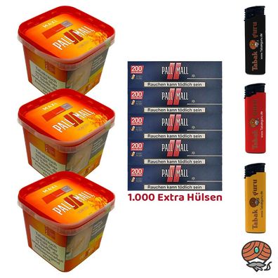 Pall Mall Allround Volumentabak Maxi Box 3x 263g, Red Xtra Hülsen, 3 Feuerzeuge