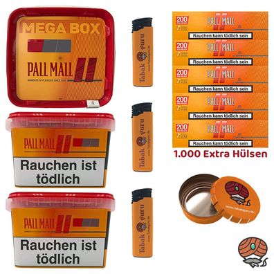 Pall Mall Allround Mega Box Tabak 3x 145g, Xtra Hülsen, Feuerzeuge, Ascher