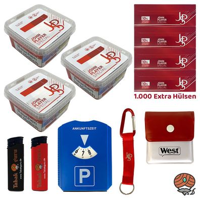 John Player Special Tabak Mega Box 3x 100g, Extra Hülsen, West & JPS Gadgets