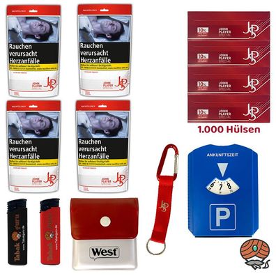 JPS/John Player Special Volumentabak 4x 80g, Extra Hülsen, West & JPS Gadgets
