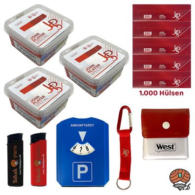 JPS/John Player Special Volumentabak Mega Box 3x 100g, Hülsen, West &JPS Gadgets