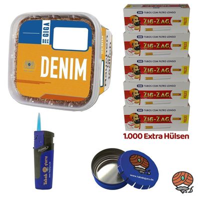 Denim Volumentabak GIGA Box à 330g, Zig-Zag Extra Hülsen, Taschenaschenbecher
