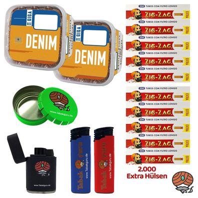 Denim Volumentabak GIGA Box 2x 330g, Zig-Zag Extra Hülsen, Taschenascher