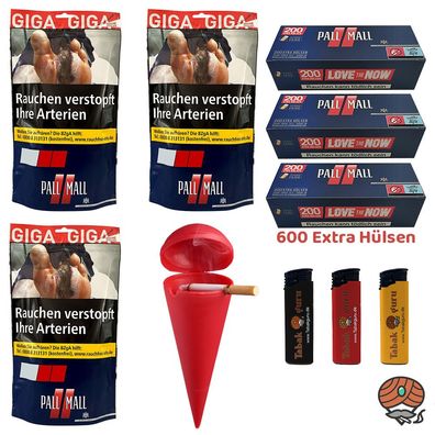 Pall Mall Red/Rot Volumentabak Giga Beutel 3x 104g Rot Xtra Hülsen Strandascher