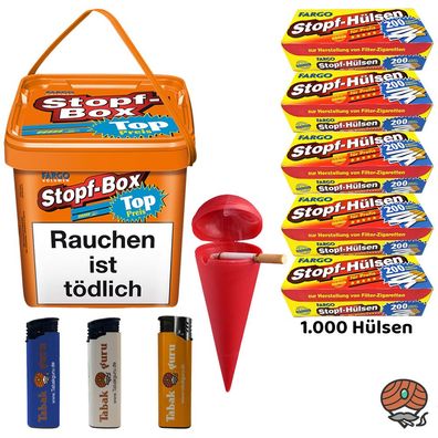Fargo Stopf-Box 420g Volumentabak, Stopf-Hülsen, Strandascher, Feuerzeuge