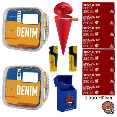 Denim Volumentabak GIGA Box 2x 315g, Gizeh Special Tip Extra Hülsen Strandascher