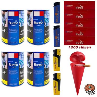Burton Blue/Blau Feinschnitt Tabak Dose 4x 120g, Winston Hülsen, Strandascher