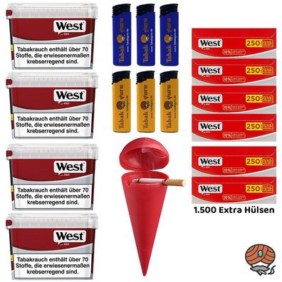WEST Red Volumentabak Mega Box 4x 115g, 1500 West Extra Hülsen, Strandascher