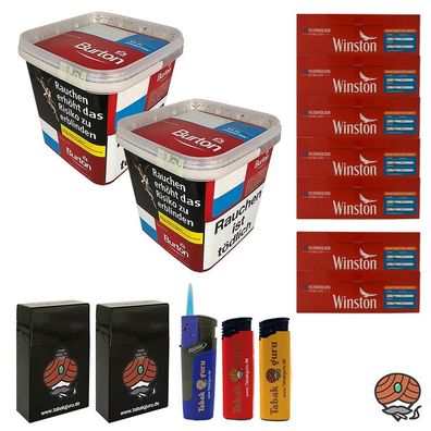 Burton Red/Rot Volumentabak MEGA Box 2x 270g, Winston Extra Hülsen, Zubehör