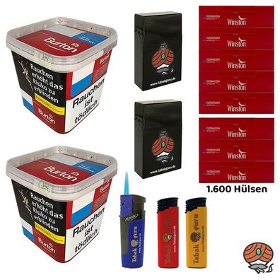Burton Red/Rot Volumentabak MEGA Box 2x 270g, 1600 Winston Hülsen, Zubehör