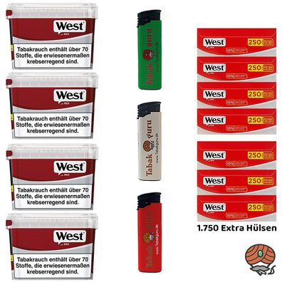 WEST Red Volumentabak Mega Box 4x 115g, 1750 West Extra Hülsen, Feuerzeuge