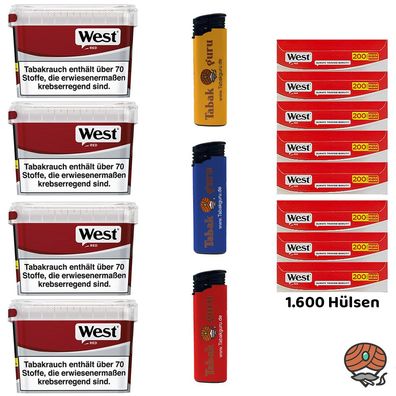 WEST Red/Rot Volumentabak Mega Box 4x 115g, 1600 Hülsen, Feuerzeuge