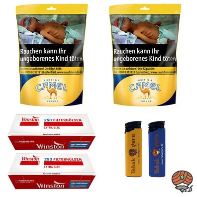 Camel Volumentabak Beutel 2x 96g + 500 Winston Extra Hülsen + 2 Feuerzeuge