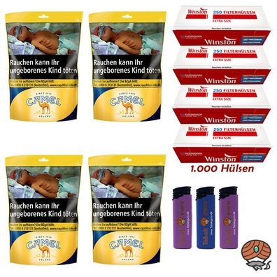 Camel Volumentabak Beutel 4x 96g + 1000 Winston Extra Hülsen + Zubehör