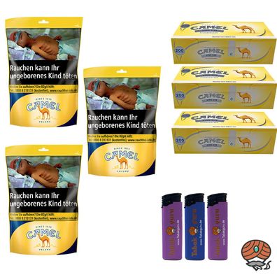 Camel Volumentabak Beutel 3x 96g + 600 Camel Hülsen + 3 Feuerzeuge