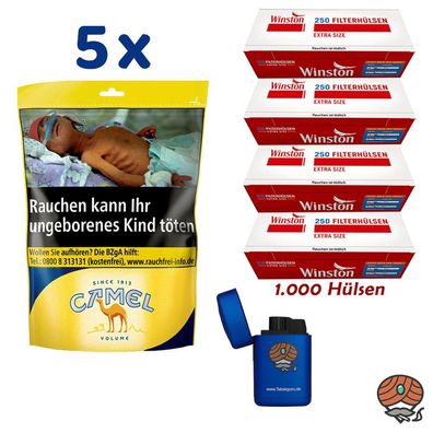 Camel Volumentabak Beutel 5x 96g + 1000 Winston Extra Hülsen + Sturmfeuerzeug