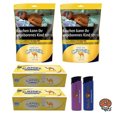Camel Volumentabak Beutel 2x 96g + 400 Camel Hülsen + 2 Feuerzeuge
