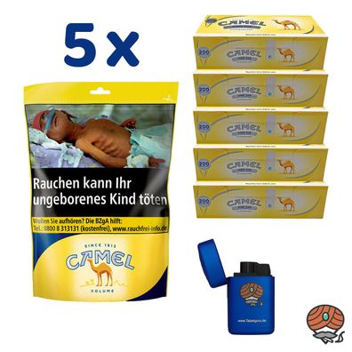 Camel Volumentabak Beutel 5x 96g + 1000 Camel Hülsen + 1 Sturmfeuerzeug