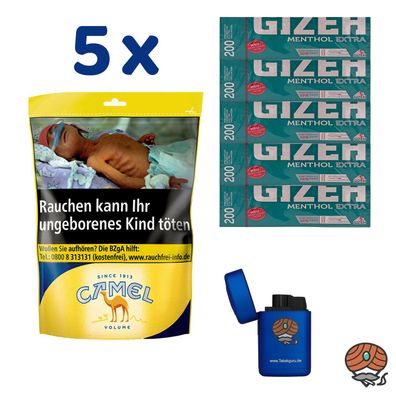 Camel Volumentabak Beutel 5x 96g + Gizeh Menth. Extra Hülsen + Zubehör