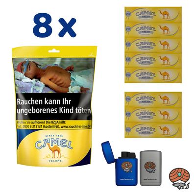 Camel Volumentabak Beutel 8x 96g + 1600 Camel Hülsen + 2 Sturmfeuerzeuge