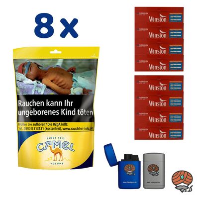 Camel Volumentabak Beutel 8x 96g, Winston Extra Hülsen, Sturmfeuerzeuge