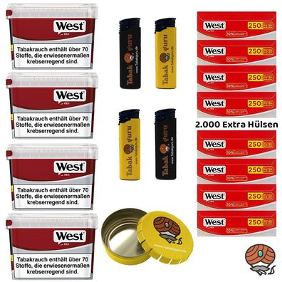WEST Red Volumentabak Mega Box 4x 115g, 2000 Extra Hülsen, Ascher, Feuerzeuge