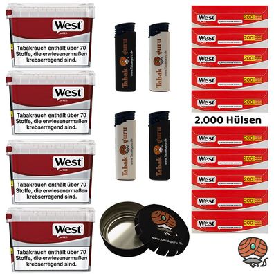 WEST Red Volumentabak Mega Box 4x 115g, 2000 Hülsen, Ascher, Feuerzeuge