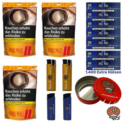Pall Mall Allround Volumentabak Super Beutel 3x 145g, Blue Xtra Hülsen, Feuerz
