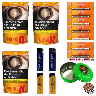 Pall Mall Allround Volumentabak Super Beutel 3x 145g, Xtra Hülsen, Feuerzeuge