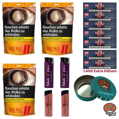Pall Mall Allround Volumentabak Super Beutel 3x 145g, Red Xtra Hülsen, Feuerz
