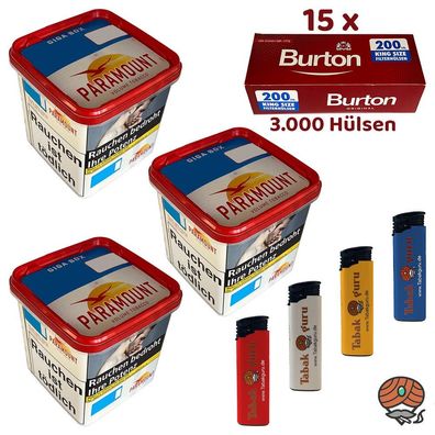 Paramount Volumentabak Giga Box 3x 230g, 3000 Burton Hülsen, Feuerzeuge