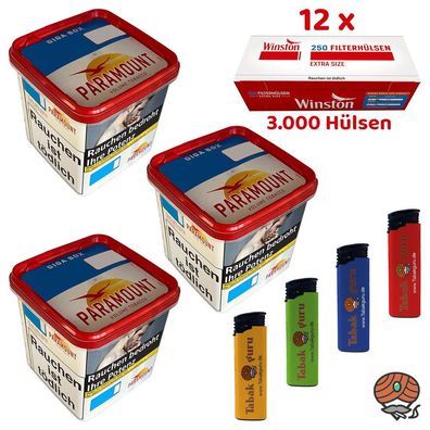 Paramount Volumentabak Giga Box 3x 230g, Winston Extra Hülsen, Feuerzeuge