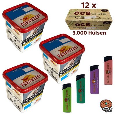 Paramount Volumentabak Giga Box 3x 230g, OCB Eco Tubes / Hülsen, Feuerzeuge