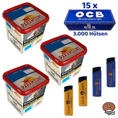 Paramount Volumentabak Giga Box 3x 230g, 3000 OCB Hülsen, Feuerzeuge