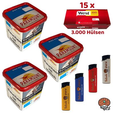 Paramount Volumentabak Giga Box 3x 230g, 3000 West Hülsen, Feuerzeuge