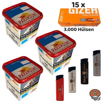 Paramount Volumentabak Giga Box 3x 230g, Gizeh Full Flavor Hülsen, Feuerzeuge