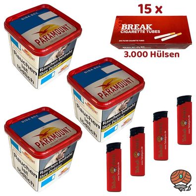 Paramount Volumentabak Giga Box 3x 230g, 3000 Break Hülsen, Feuerzeuge