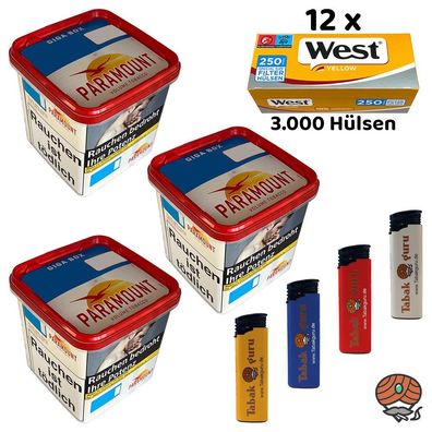 Paramount Volumentabak Giga Box 3x 230g, West Yellow Extra Hülsen, Feuerzeuge