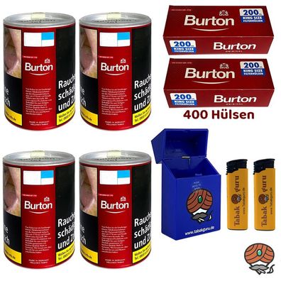 Burton Red / Rot Volumentabak Dose 4x à 65g, Burton Hülsen, Feuerzeuge, Box