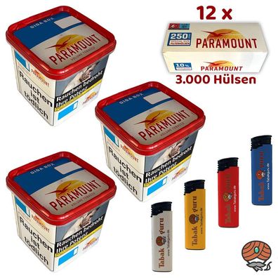 Paramount Volumentabak Giga Box 3x 230g, 3000 Extra Hülsen, Feuerzeuge