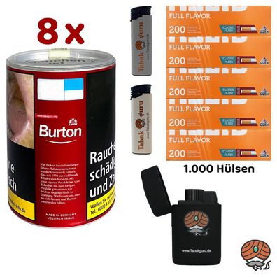 Burton Red/Rot Volumentabak Dose 8x à 65g, Gizeh Full Flavor Hülsen, Feuerzeuge
