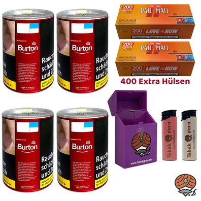 Burton Red/Rot Volumentabak Dose 4x 65g, Pall Mall Allround Xtra Hülsen, Zube